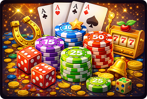 Casino chips, cards and slot machine